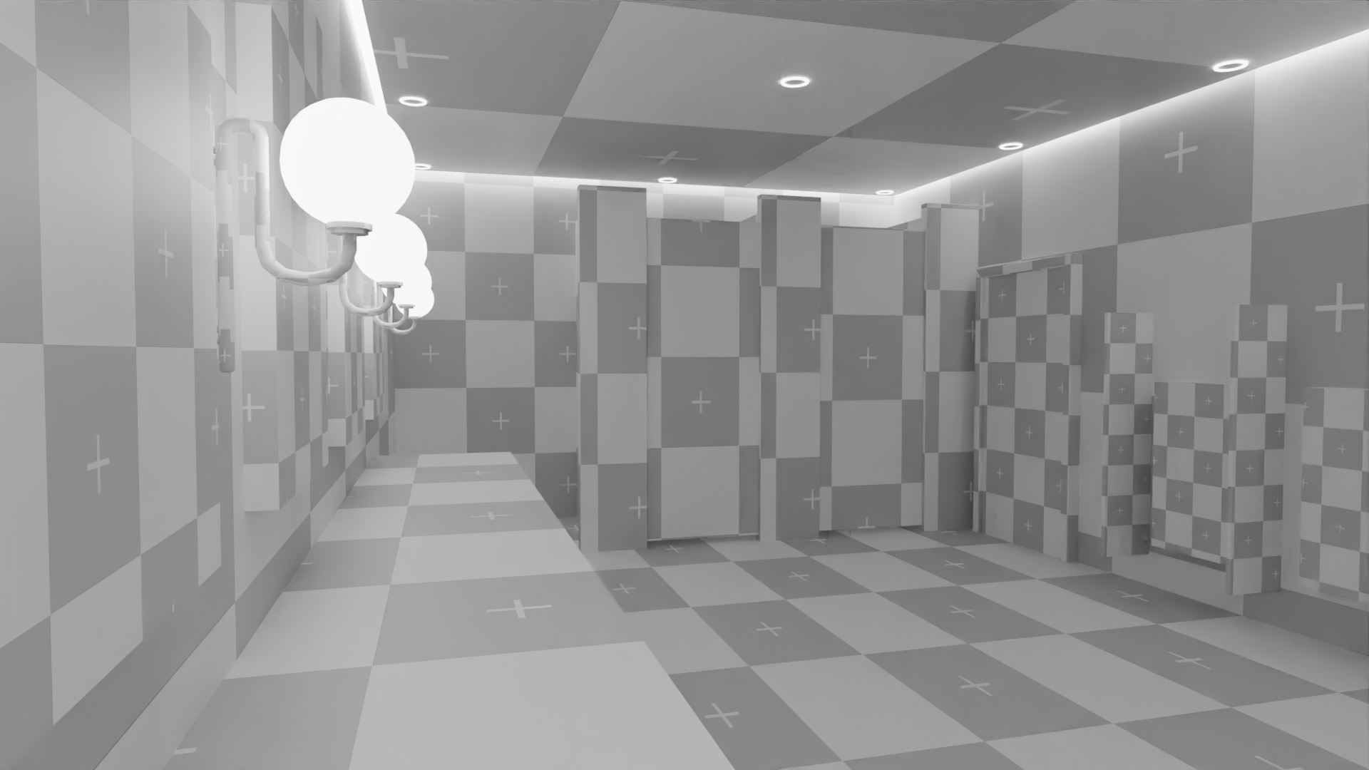 Abstract room with checkered walls and ceiling, featuring round lights on the left wall, geometric design with plus symbols, and partitions resembling restroom stalls.