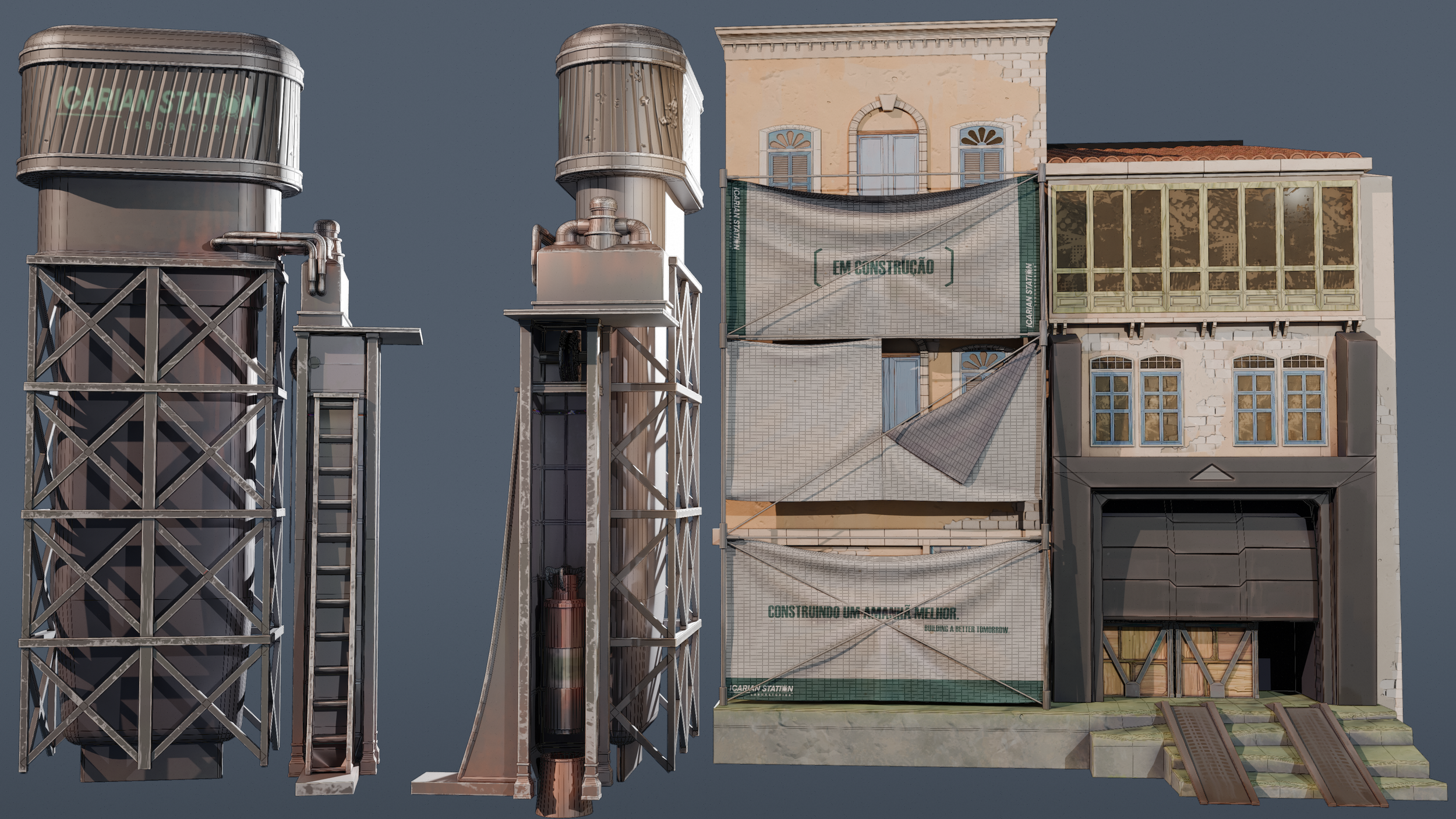 3D rendered industrial building with water towers and a partially covered facade under construction