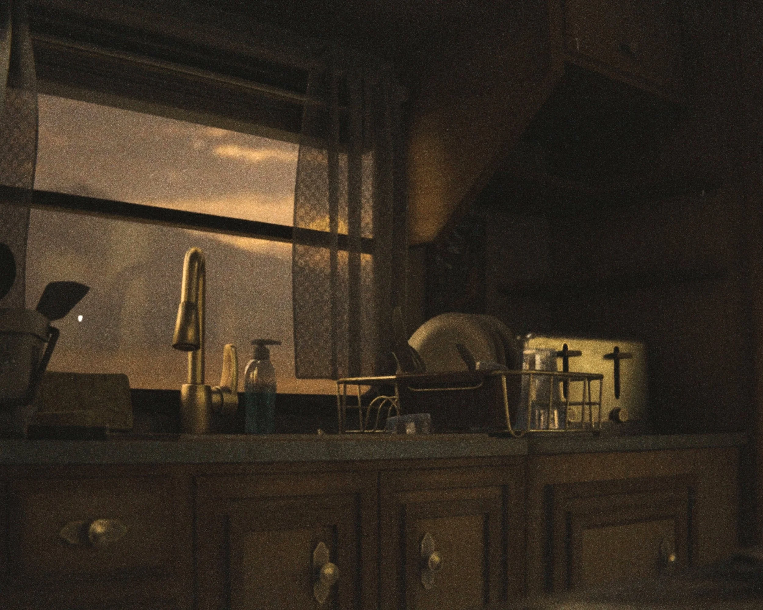 Dark indoor gym with weightlifting equipment, including barbells on a rack and dumbbells on a bench, dimly lit with a reflective window showing the outdoors.