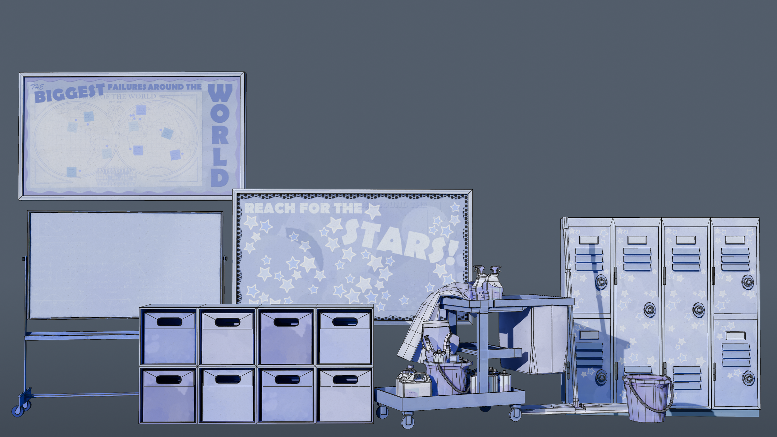 School hallway with cleaning cart, lockers, bulletin boards, and storage unit