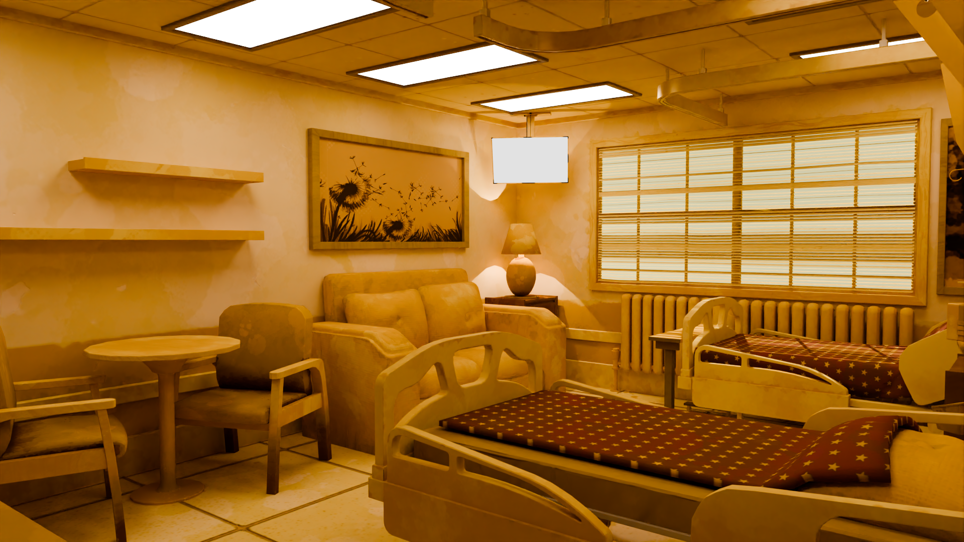 Hospital room with two beds, a couch, table and chairs, a lamp, and artwork on the wall.
