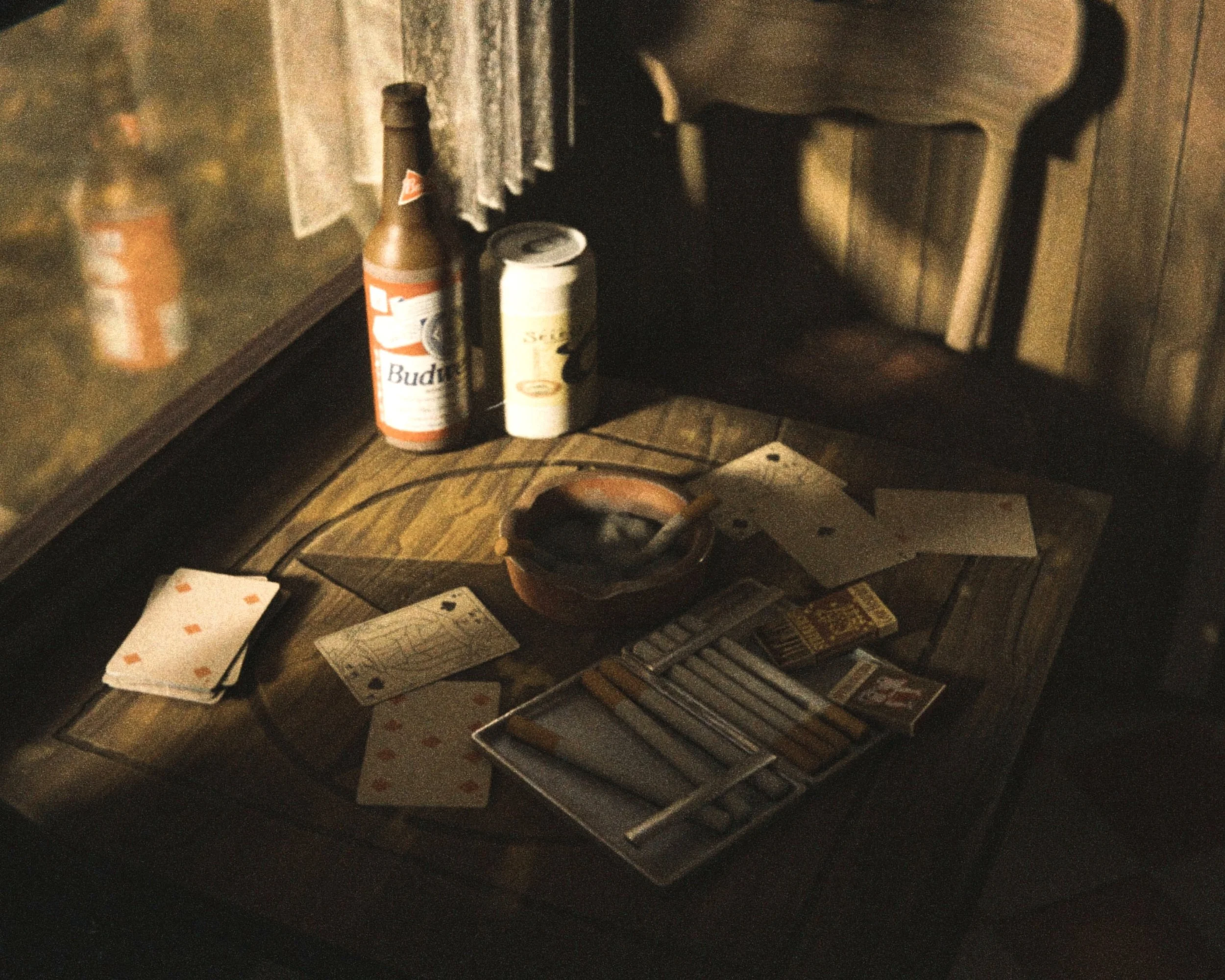 A dimly lit indoor scene featuring playing cards, a beer bottle, a canned drink, and a red-handled tool on a wooden surface, with a small grill or stove in the background.