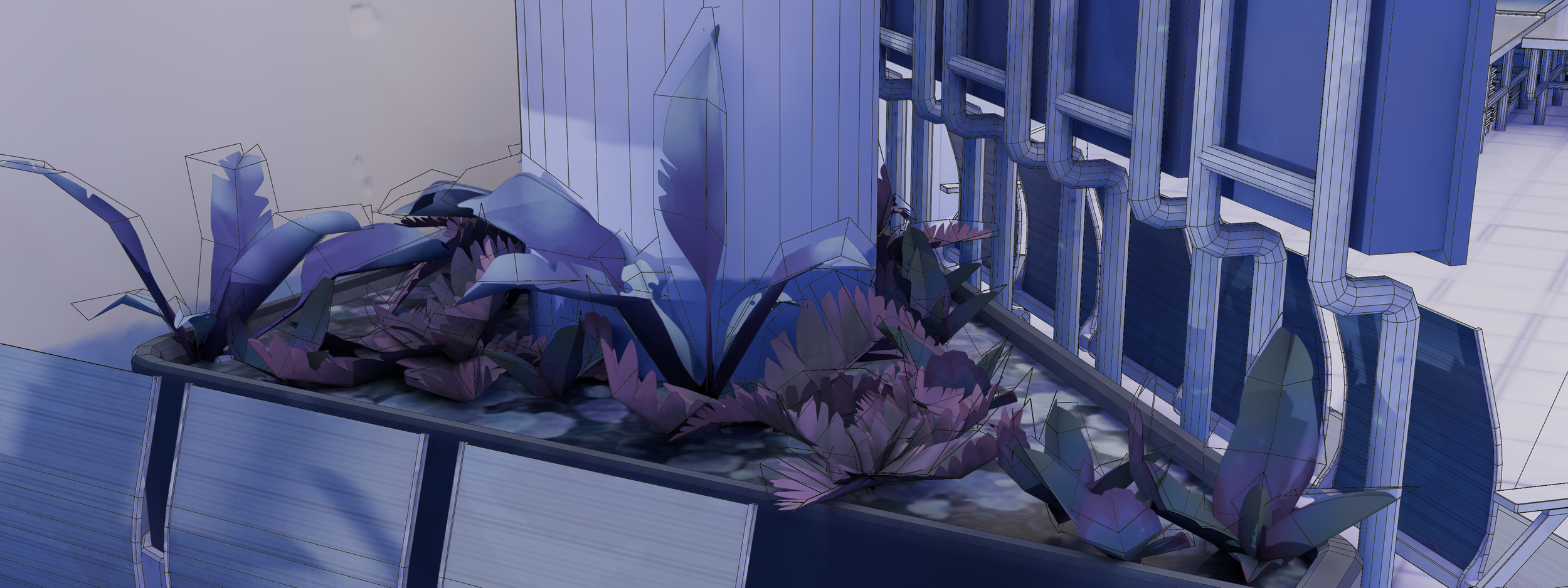 Abstract 3D rendering of geometric plants in a planter next to metal bars and a column.