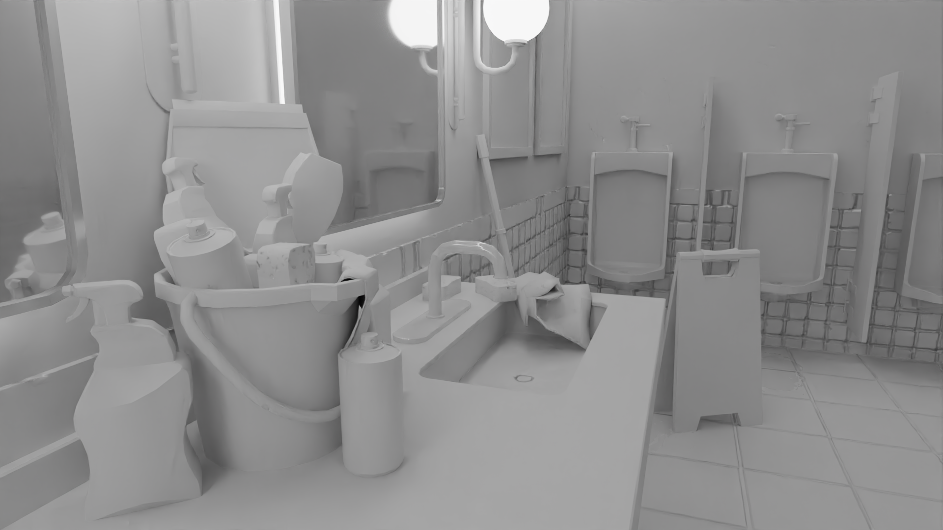 3D rendering of a bathroom with a sink and cleaning supplies on the counter, a mop leaning against the wall, urinals in the background, and a wet floor sign.
