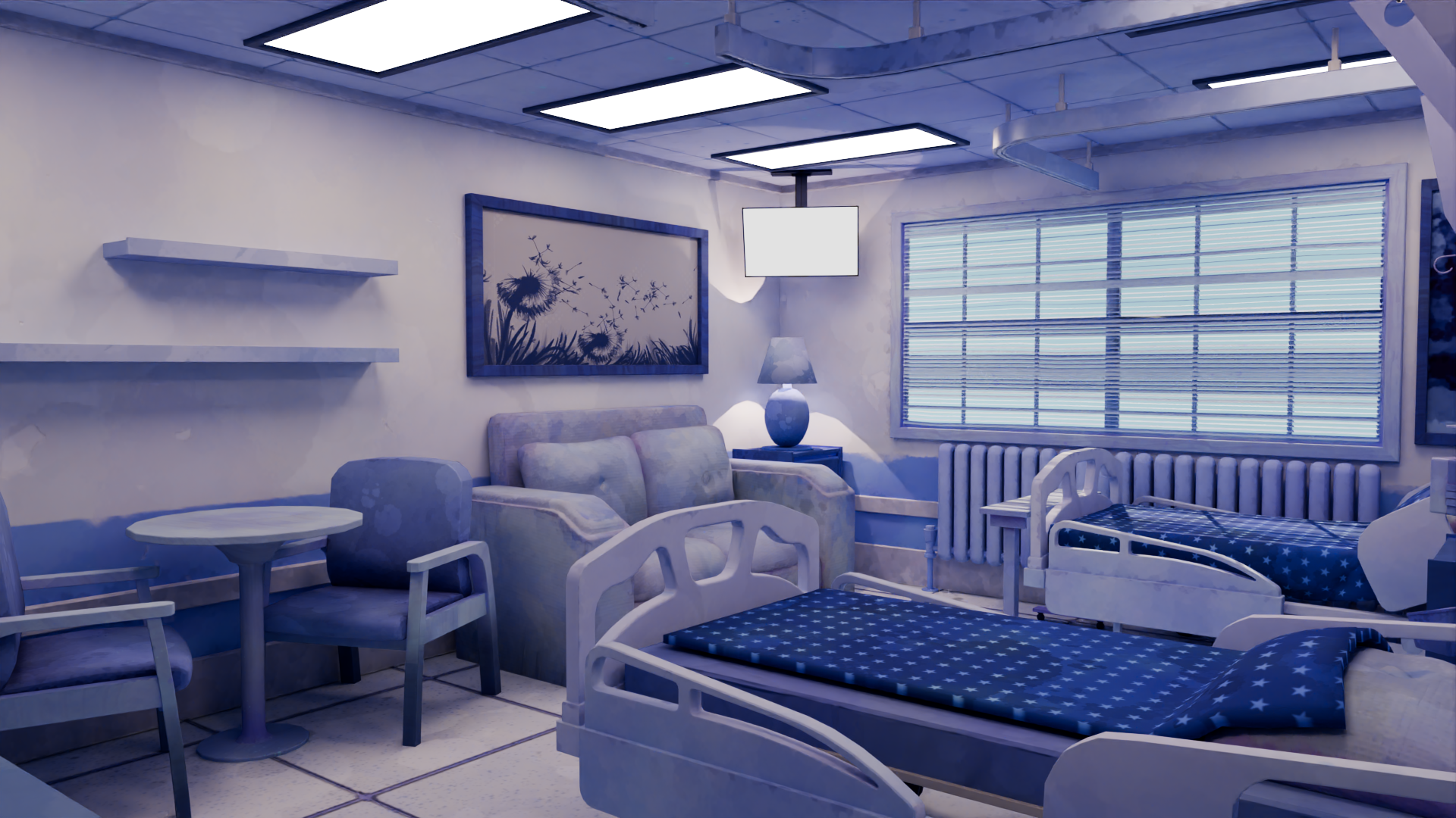 Hospital room with a sofa, two hospital beds, table and chairs, wall art, and a window with blinds.