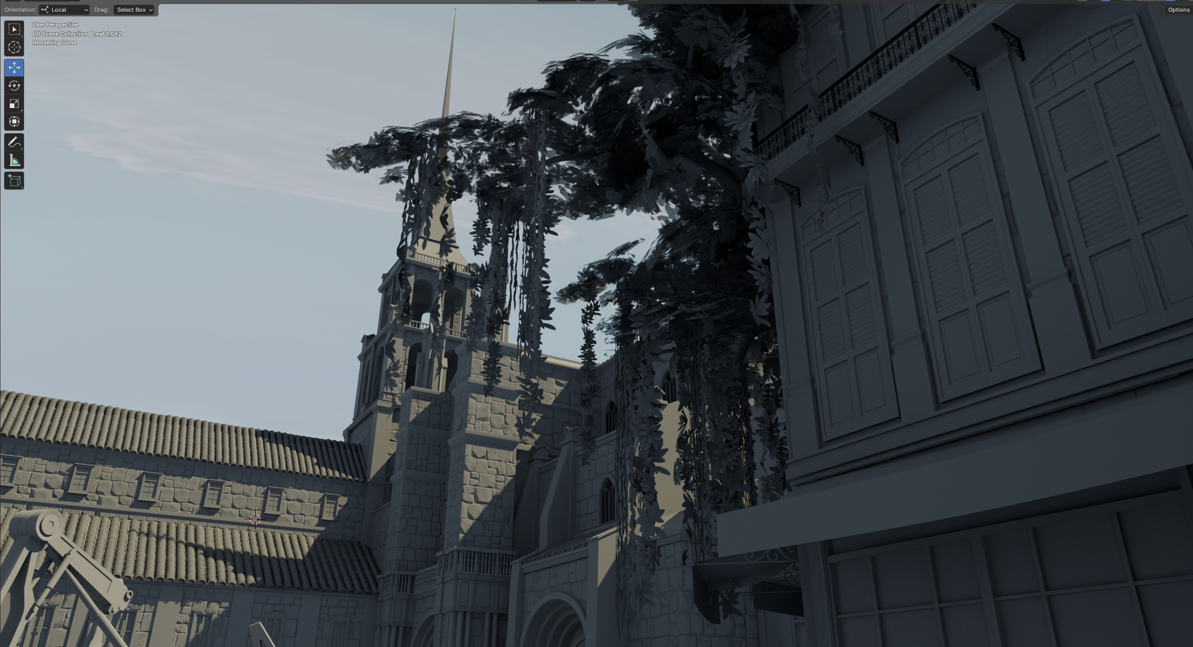 3D digital model of a European-style cathedral with intricate stone architecture, a spire, and hanging foliage, set in a street scene with shuttered windows and detailed trimmings.