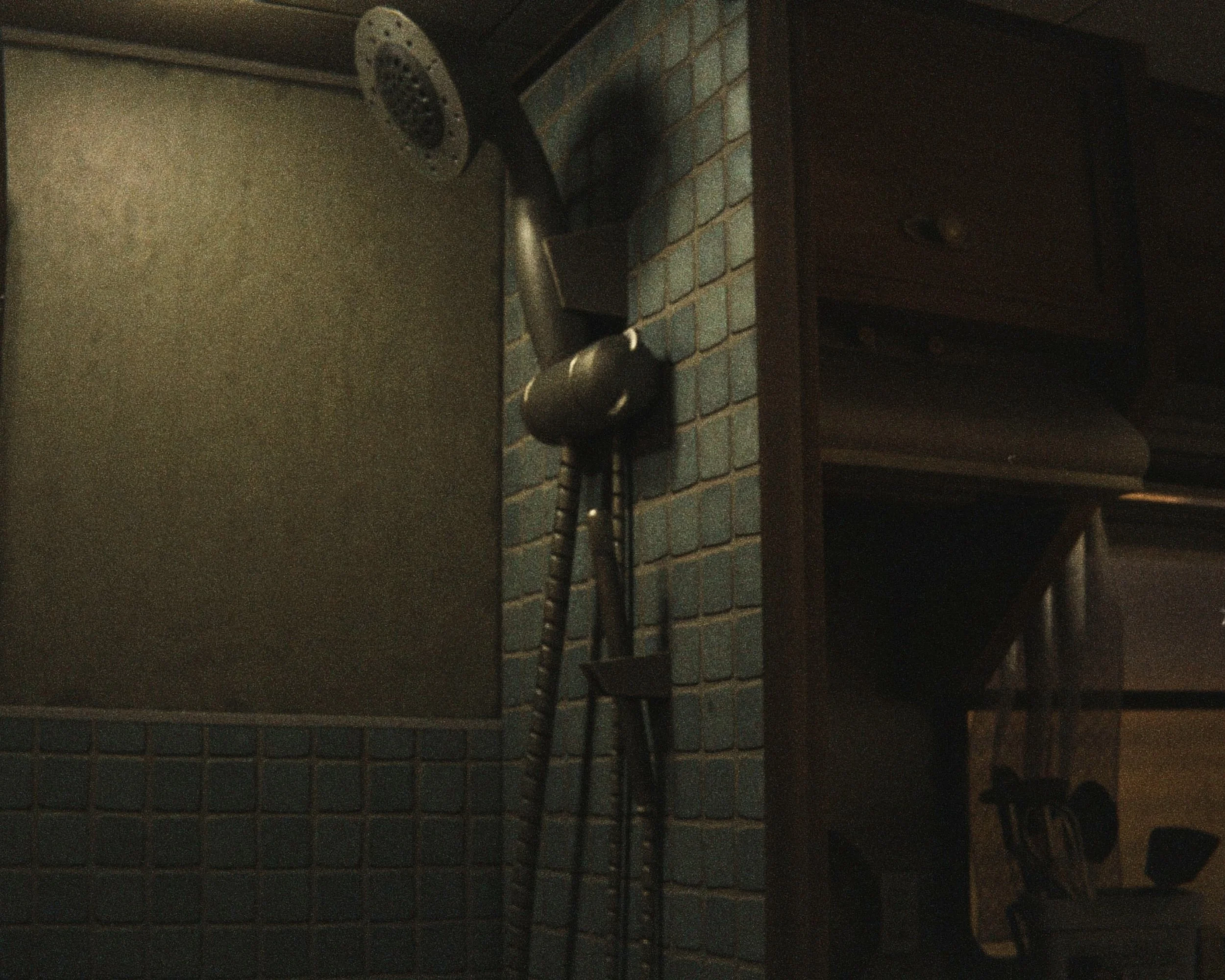 Close-up of a shower with a showerhead, tile wall, and a shower curtain rod.