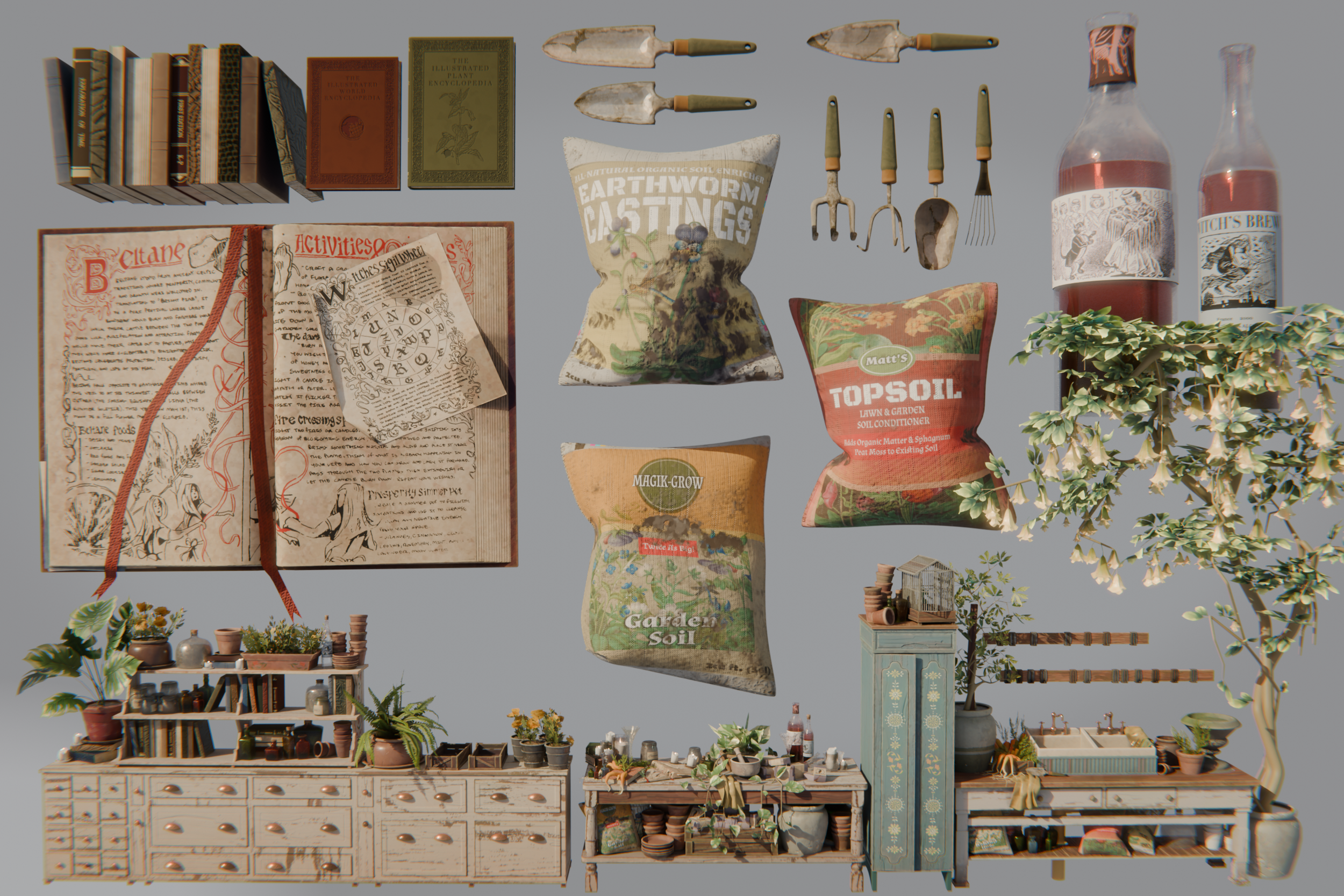 Prop and Texture Flat Lay, Wine bottles feature "A witch carrying a child on her broom" (1880-1910) & "A woman dancing with a cat in a suit" (1880-1910) by Jose Guadalupe Posada, Soil bags feature "Book of Flower Studies" (1510-1515) by Master of Cla