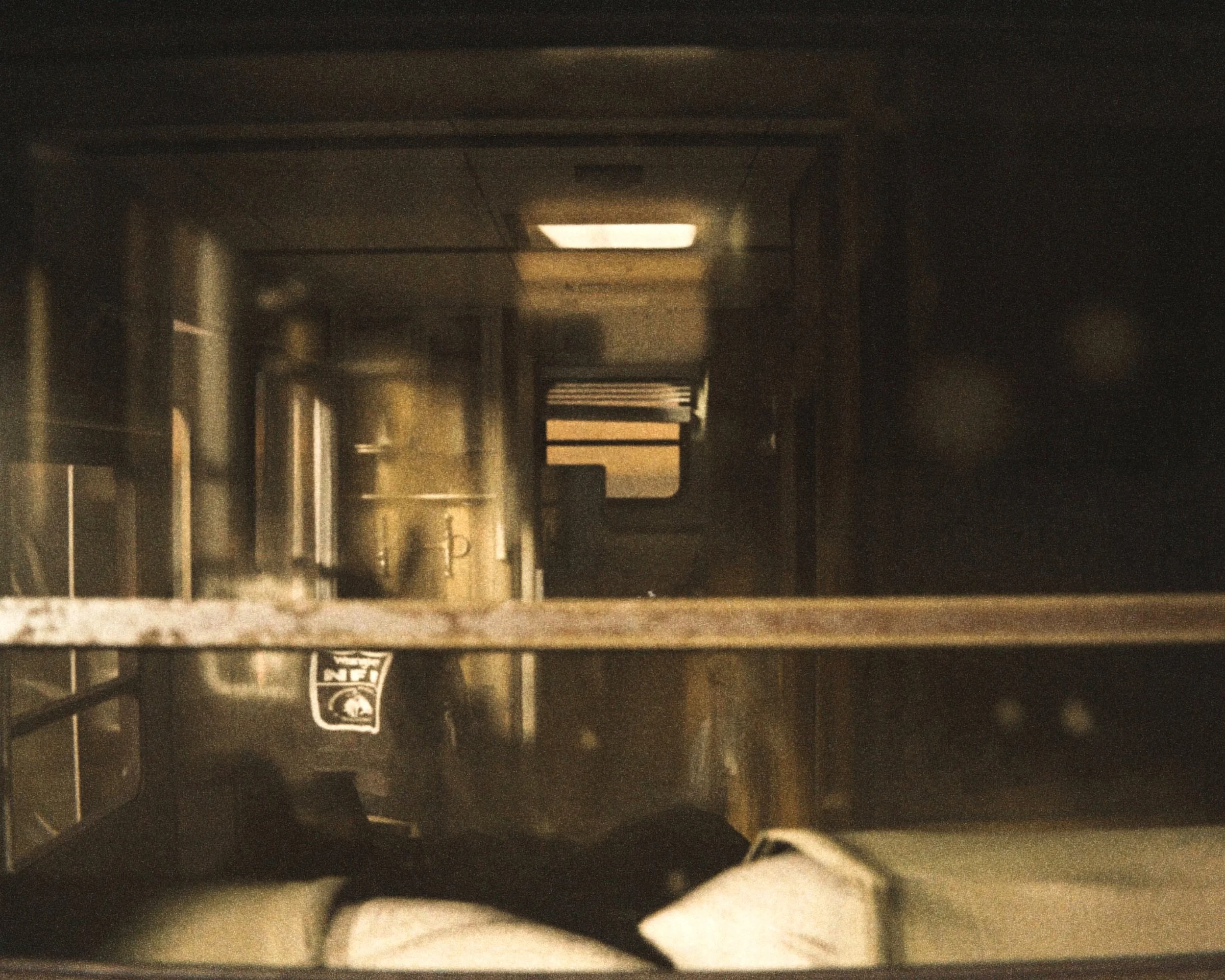 A view of the inside of an oven with a pizza in it, showing the oven's interior and a logo on the oven door.