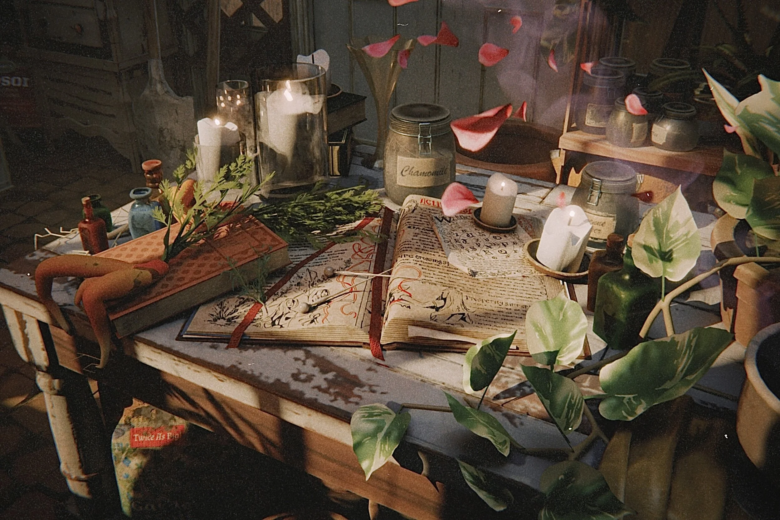 A rustic wooden table decorated with candles, plants, vintage jars, and papers, creating a cozy, vintage-inspired scene.