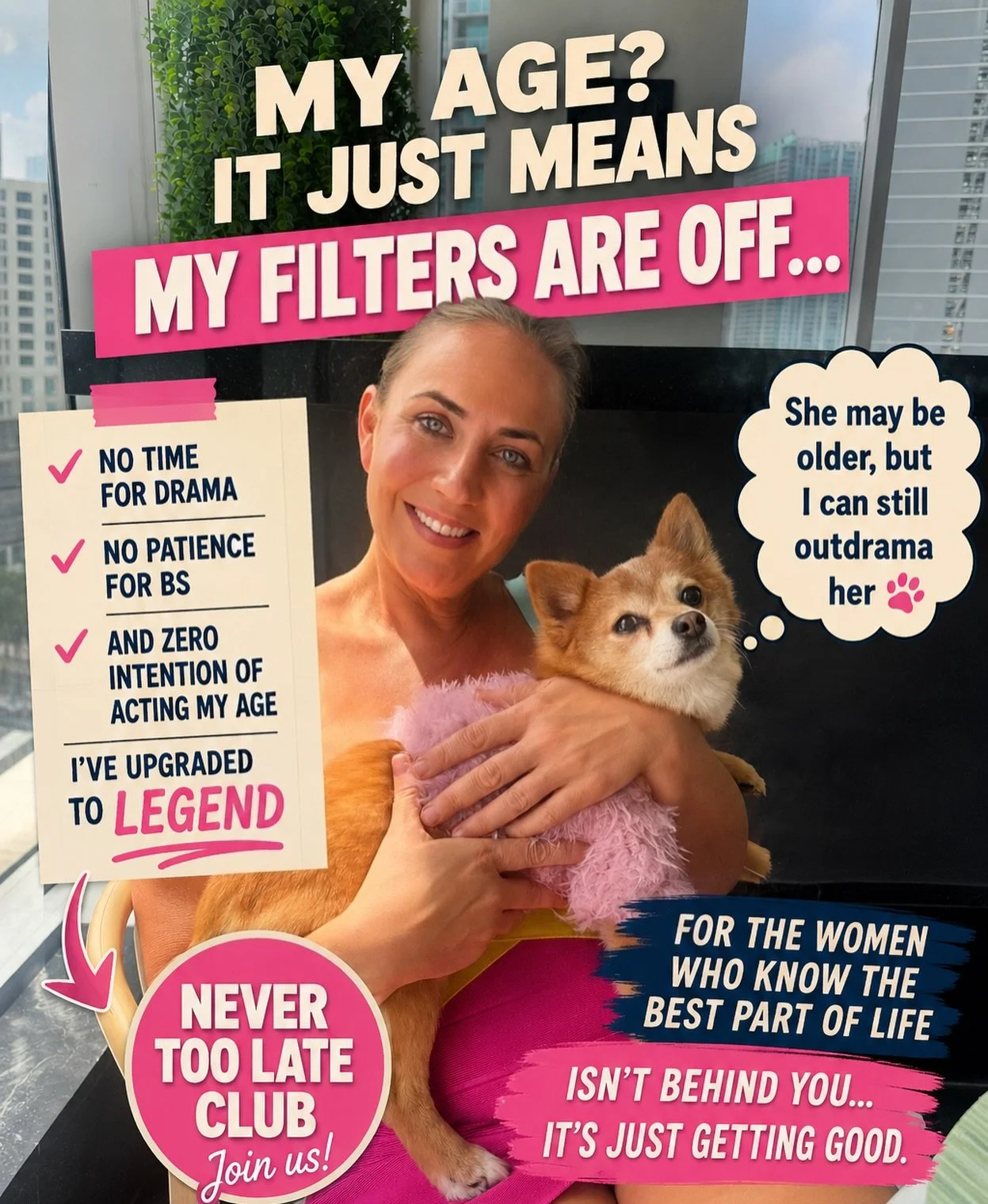 Featuring the stunning @roxyfoxyh , who clearly understood the assignment. 💅🐾 

Proof that it&rsquo;s never too late to dress up, show up, laugh too loud, and steal the spotlight with a tiny dog in a pink fluffy outfit.

This is the energy:
less ac