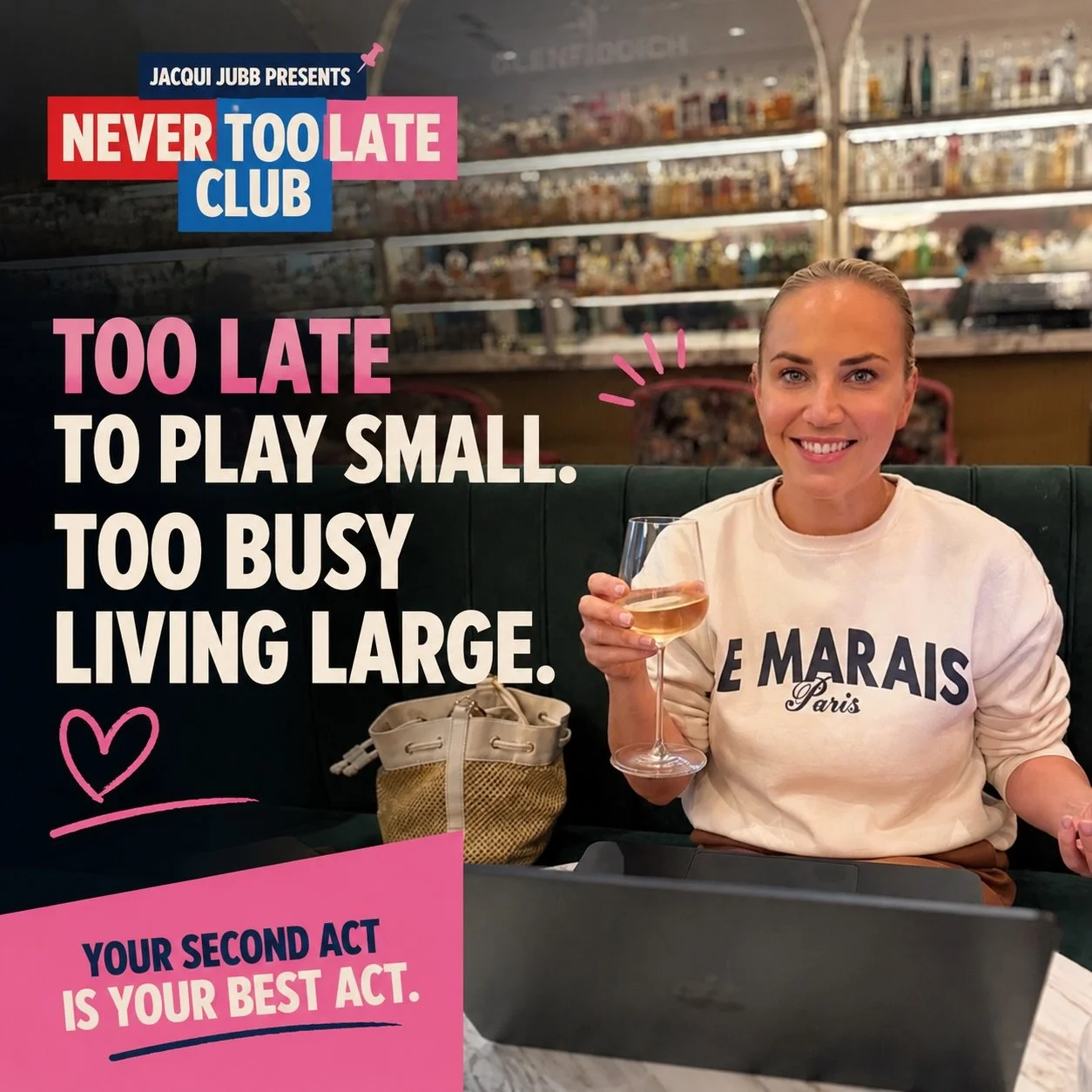 You know what&rsquo;s funny about getting older?

You stop waiting.
Stop shrinking.
Stop apologising.

And somehow&hellip; life gets way more fun. 🍸

The Never Too Late Club is for the men and women building businesses, booking trips, laughing loude