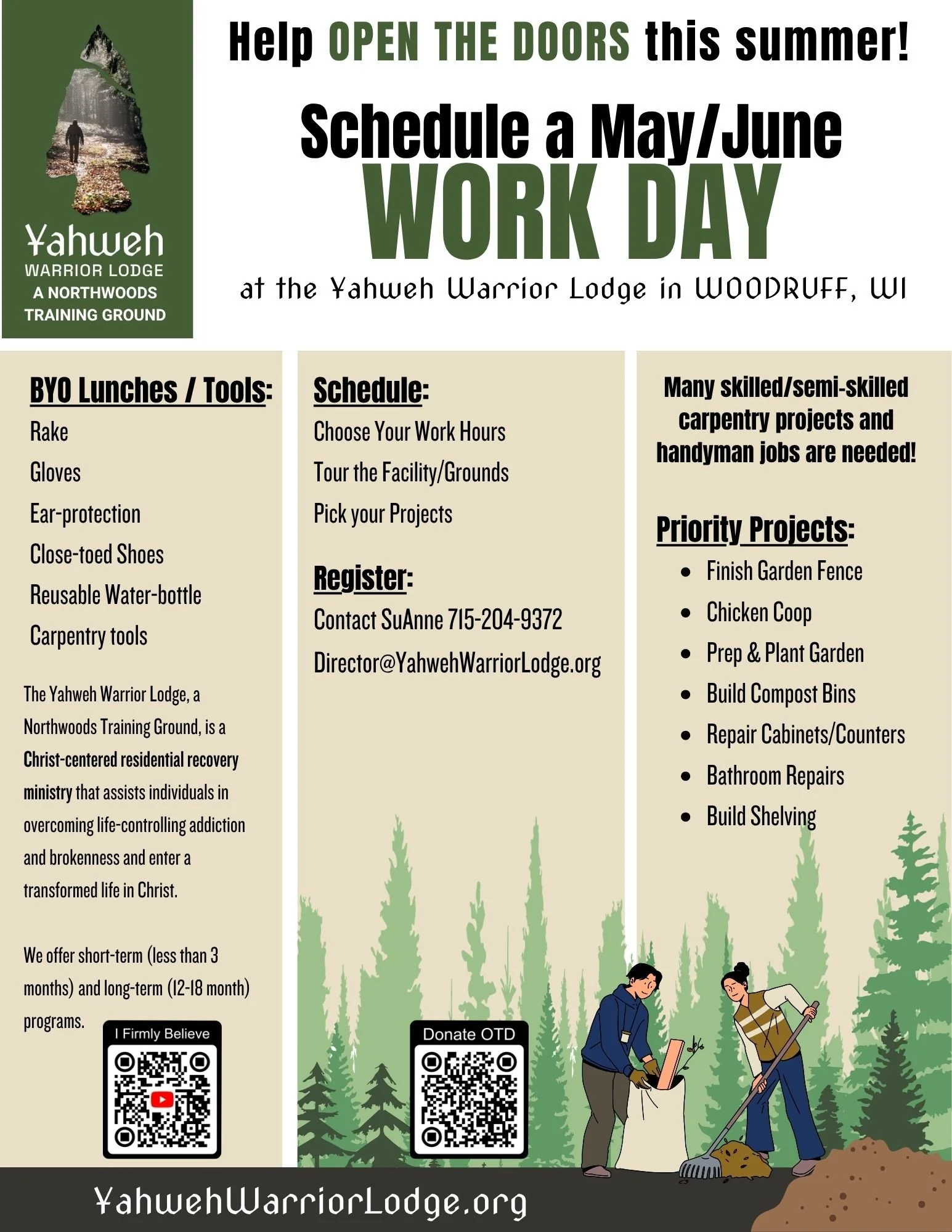 Poster announcing Yahweh Warrior Lodge workday event in Woodruff, Wisconsin, featuring an illustration of two people gardening among trees, information about needed tools, schedule, contact details, and QR codes for donations and belief affirmation.