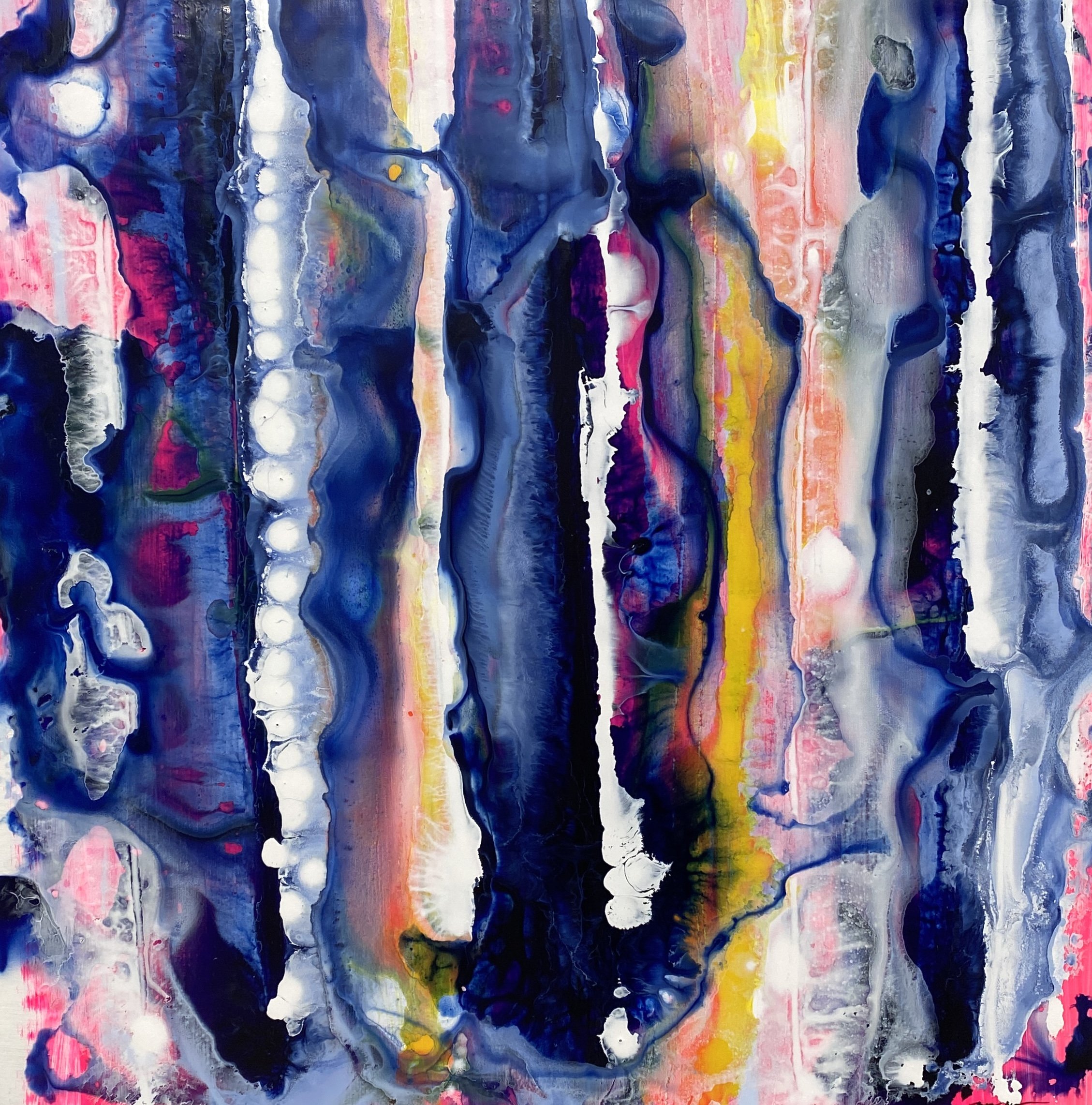 Original abstract painting by Mary Zeran featuring deep blue vertical bands, flowing white forms, soft pink and vibrant yellow accents, and fluid, layered textures.