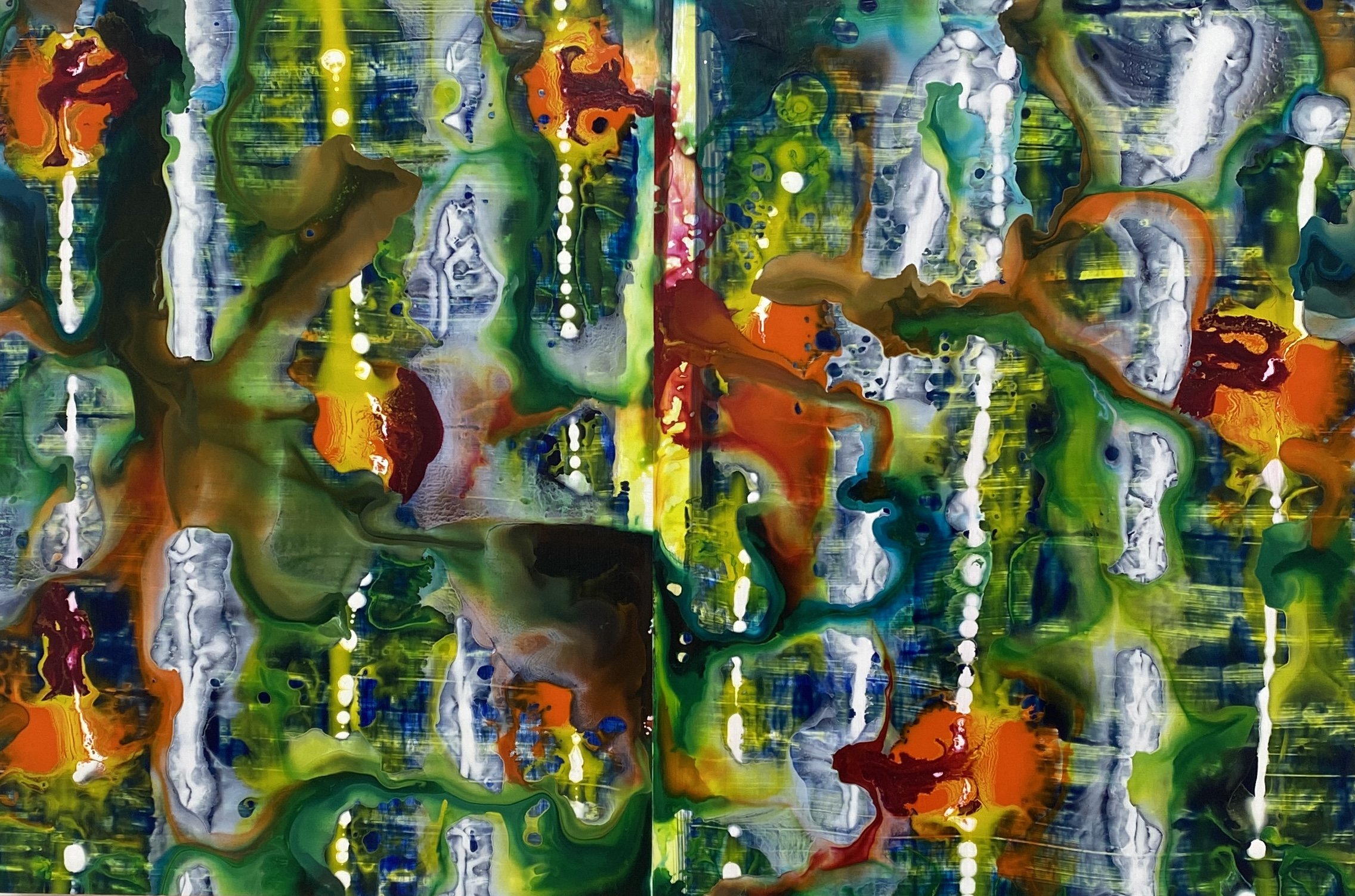 Original abstract painting by Mary Zeran featuring vibrant green, orange, and deep blue organic forms, white vertical marks, and intricate layered patterns.