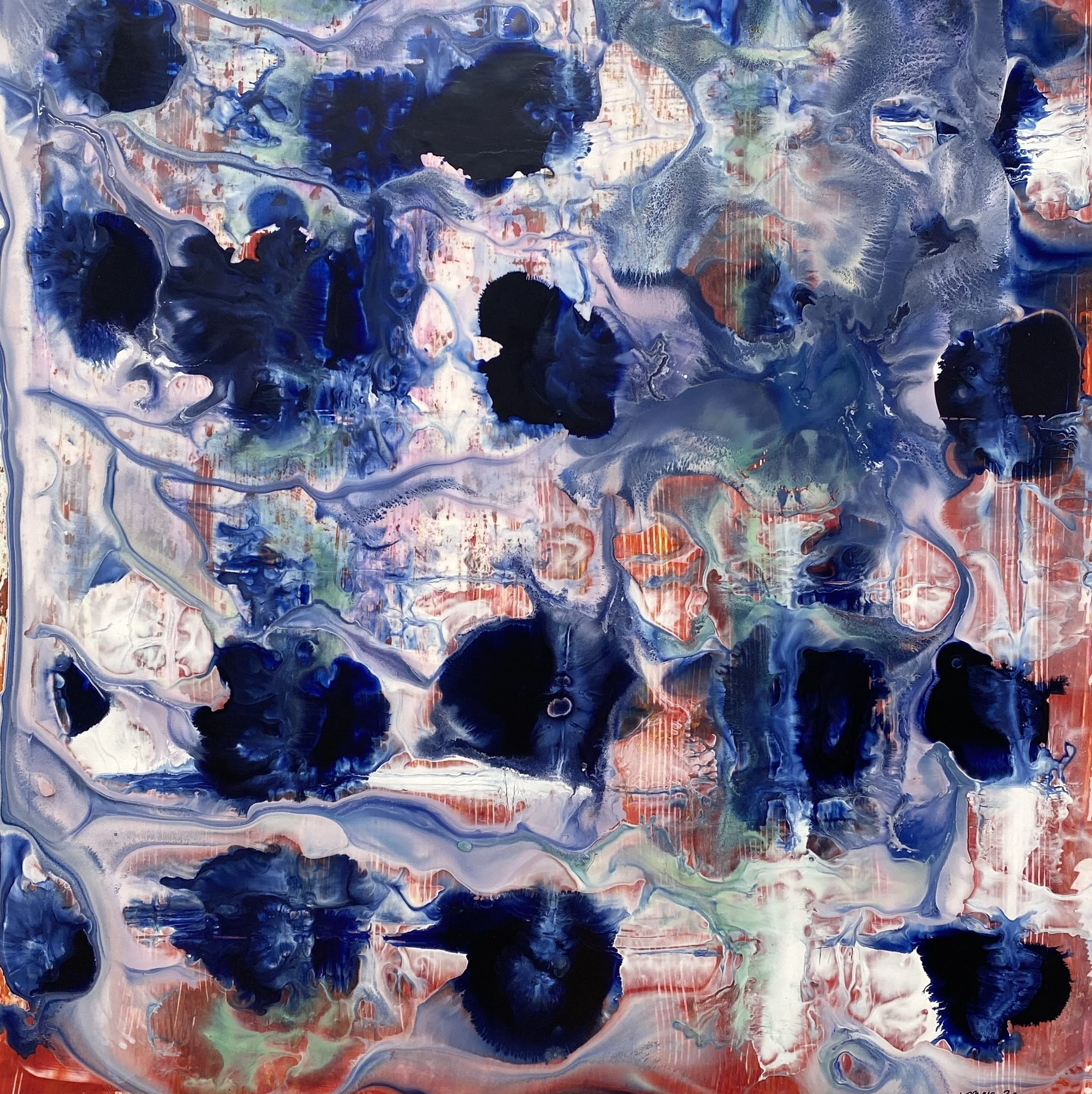 Original abstract painting by Mary Zeran featuring deep indigo blue organic forms, flowing lavender and pale blue passages, coral accents, and layered textile-like patterns.