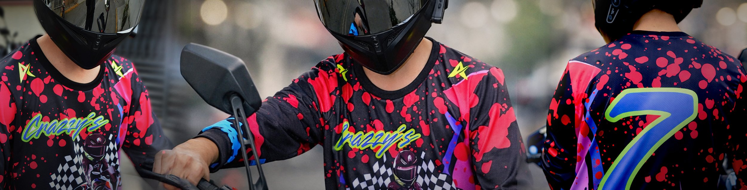 Playera  personalizada para motociclistas con diseño gráfico vibrante y sublimado total de alta resistencia.