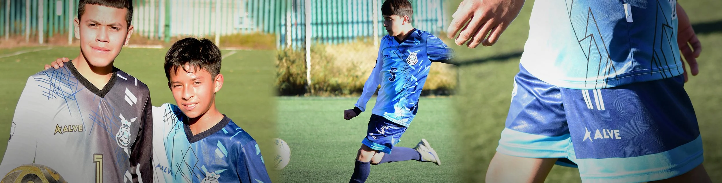 Uniforme deportivo infantil personalizado en tonos azul y gris para equipo de fútbol juvenil.