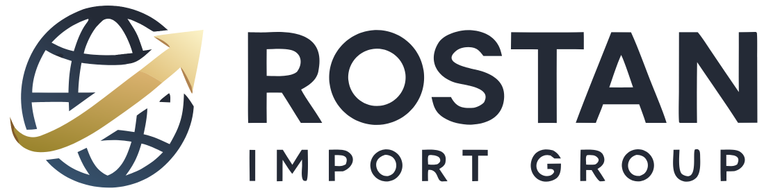 Logotipo de efecto de iluminación dorada y azul con texto 'ROSTAN', 'IMPORTACION' y 'GROUP'.