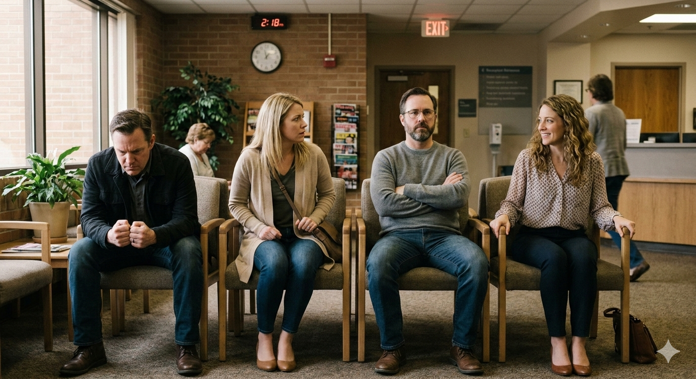 Four adults sitting in a shared space, each showing a different trauma survival response through their body language