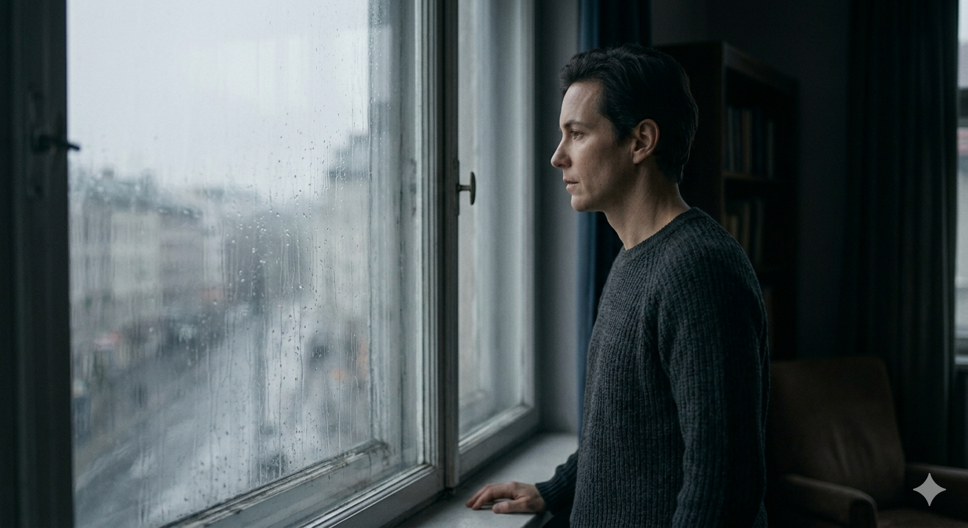 Person gazing out of a window looking reflective and distant, representing emotional shutdown and the freeze response