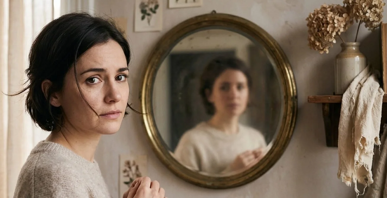 Person looking into a mirror with an uncertain expression representing low self worth Style: soft portrait