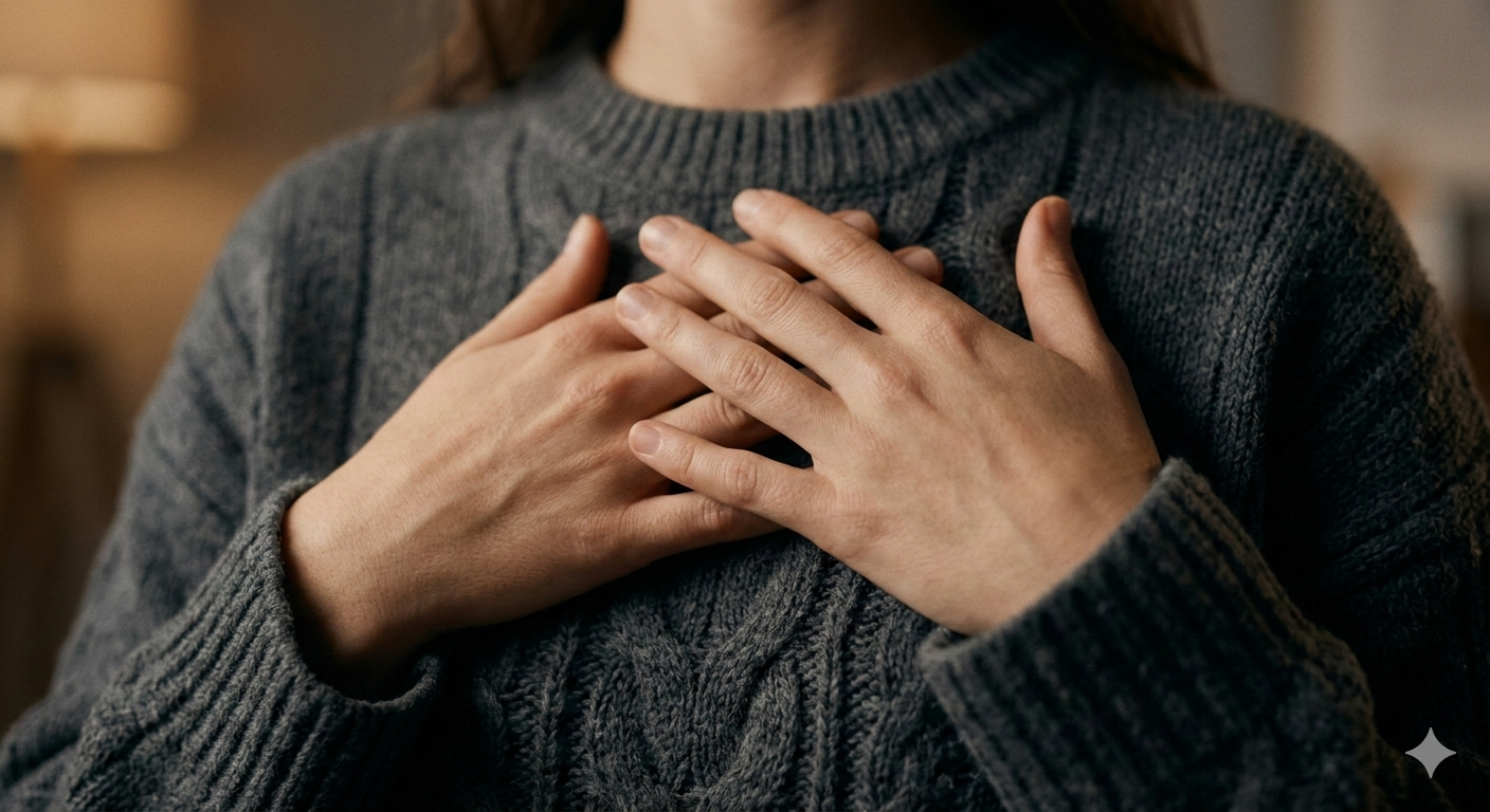 A close-up of hands resting gently on a chest during a breathing exercise