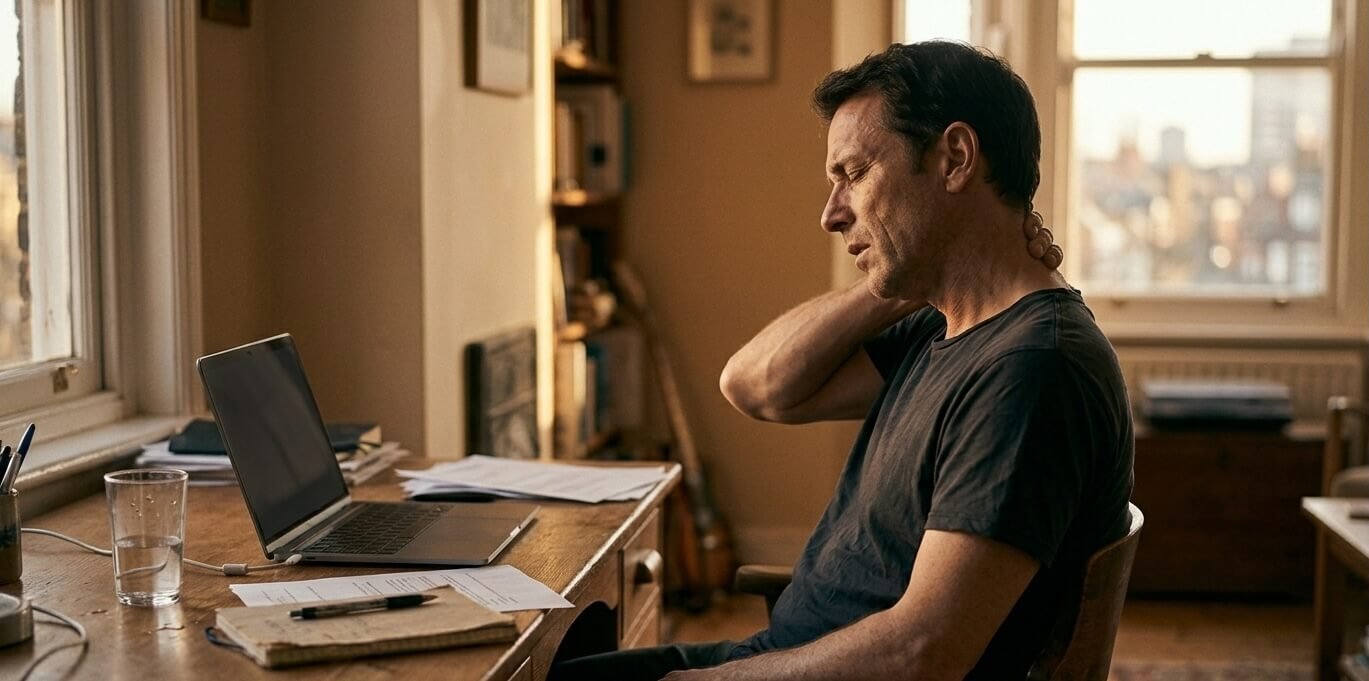 Man leaning back at a home desk with his hand on his neck and eyes closed in late afternoon light