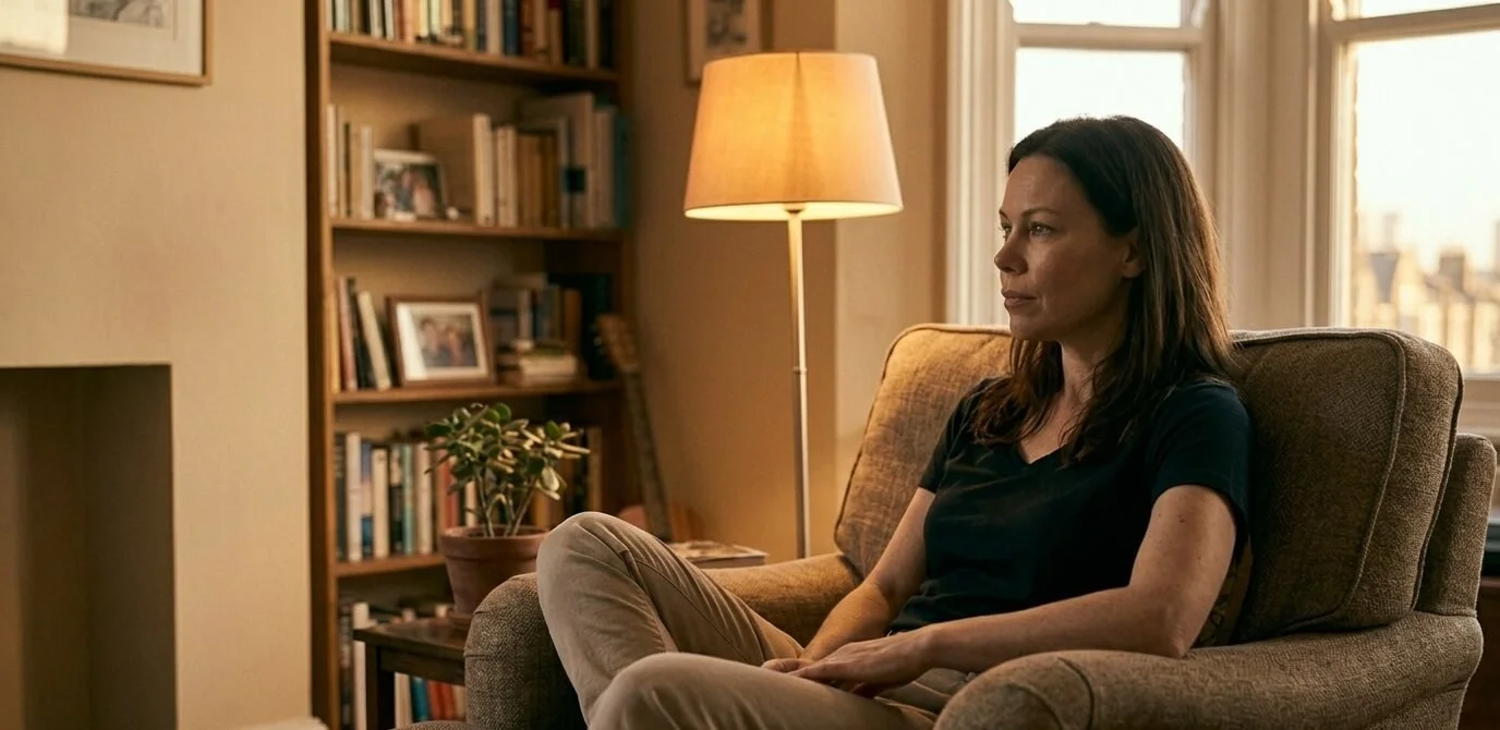 Person sitting in a comfortable armchair near a lamp, hands resting in their lap, looking thoughtful in a warm softly lit room