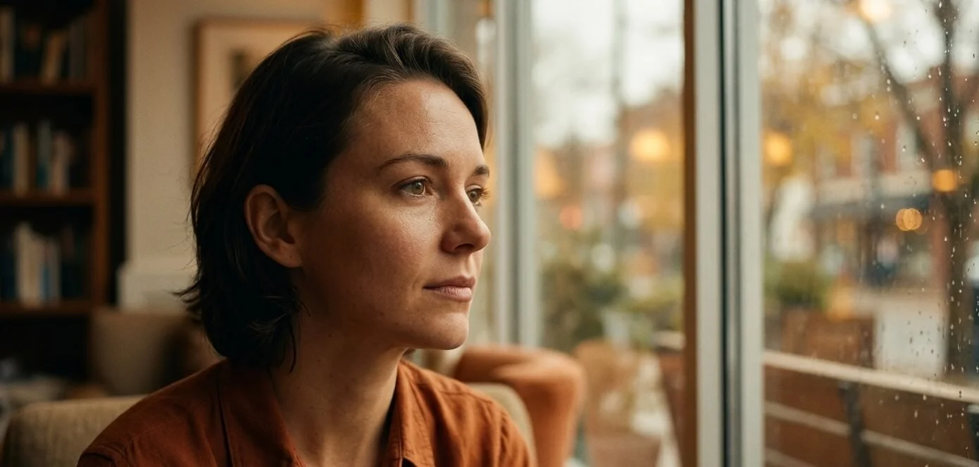 A person sitting quietly by a window, reflecting on feelings of shame