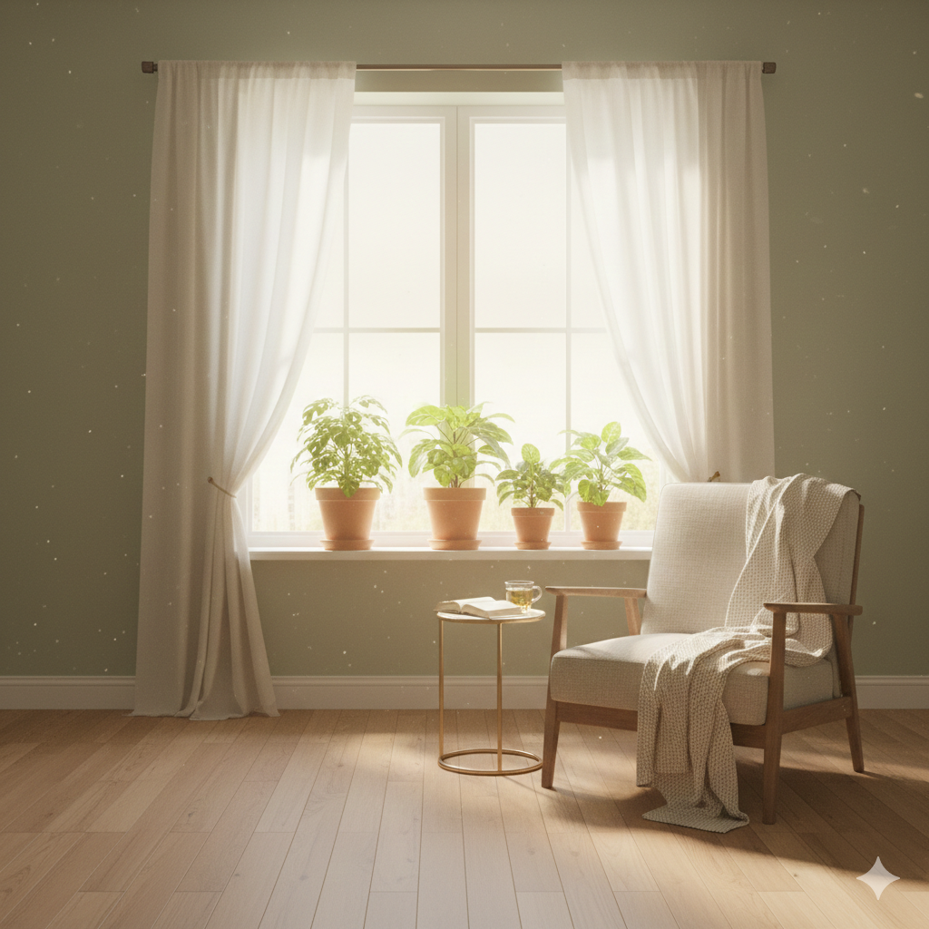 Soft natural light coming through a window into a calm and quiet room with a comfortable chair