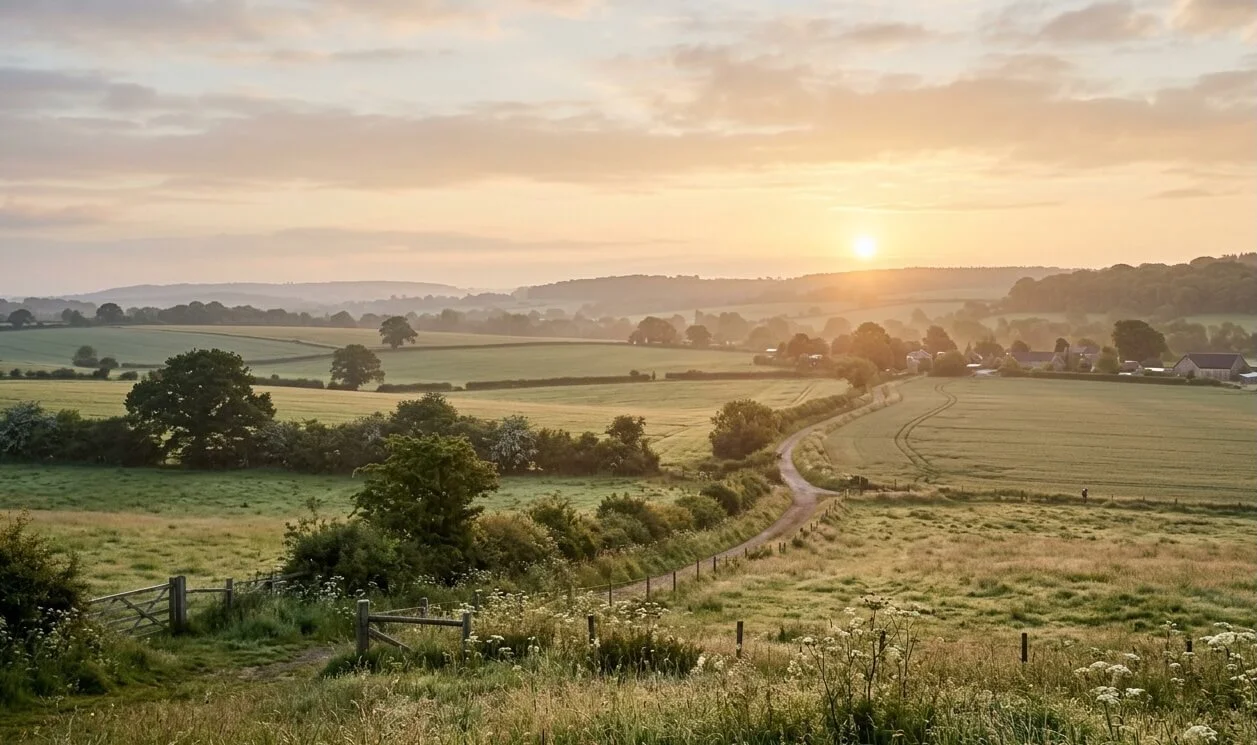 Soft sunrise over an open countryside, representing the turning point where healing from trauma begins