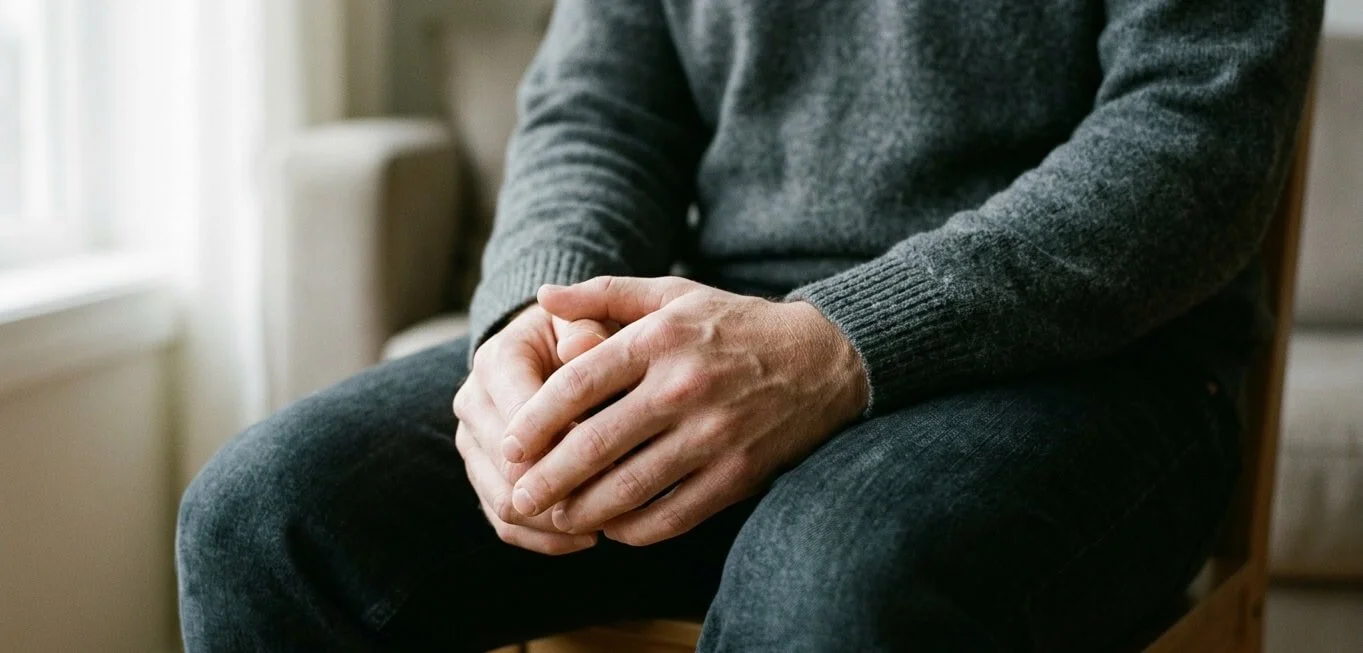 Close-up of adult hands resting, representing the physical signs of childhood trauma the body carries into adult life.