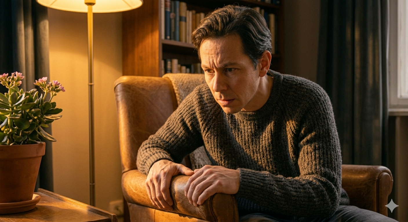 Person sitting in a calm room but appearing tense and alert, illustrating hypervigilance and the inability to relax