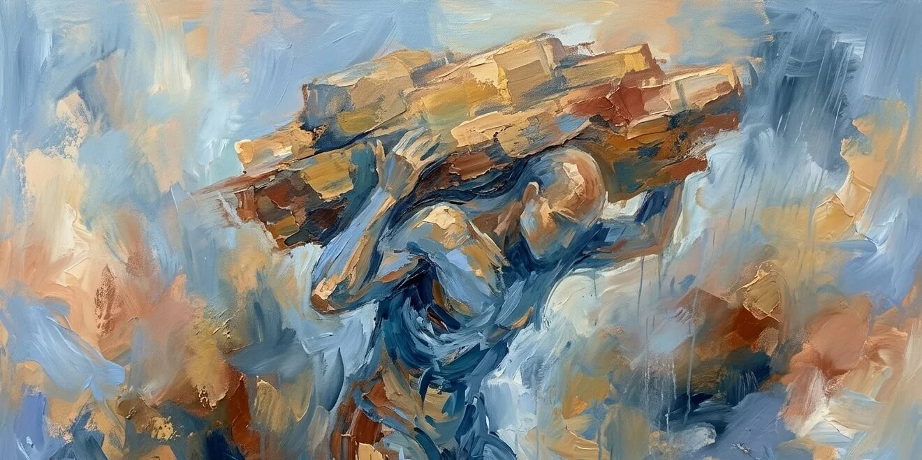 Conceptual image of someone carrying the weight of low self esteem as a survival response Style: conceptual