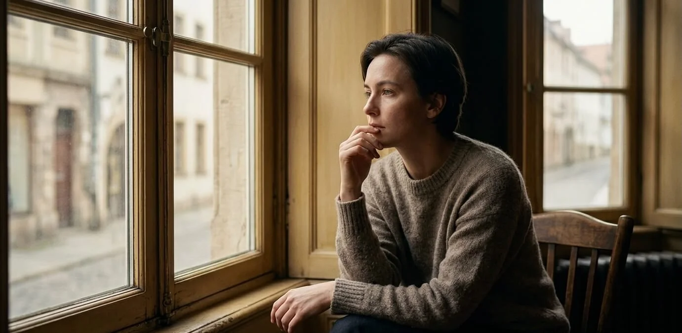 Person sitting alone at a window reflecting on feelings of low self esteem Style: soft portrait