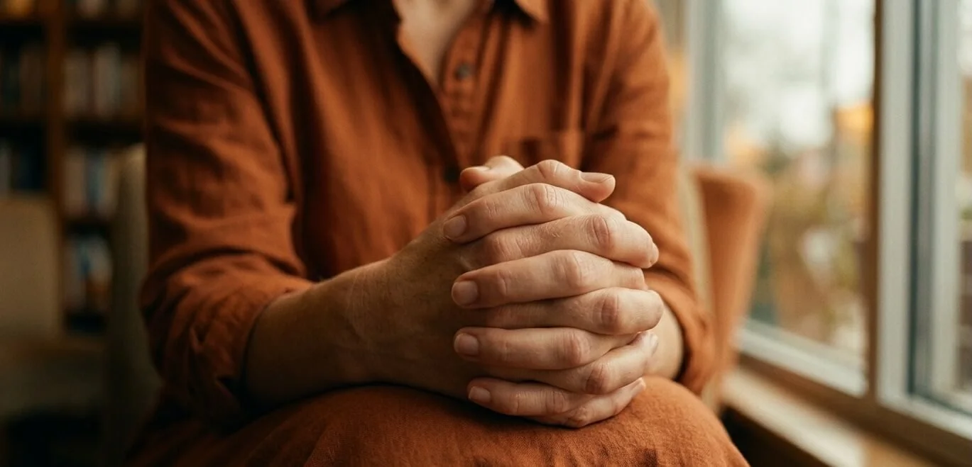 Hands clasped tightly together, showing the physical tension of carrying shame