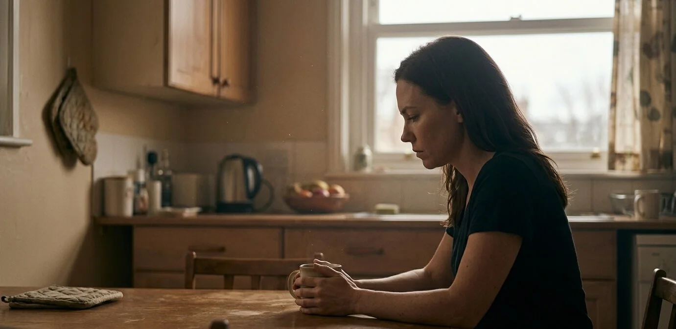 Person sitting alone at a kitchen table staring at a cold mug of tea in soft morning light