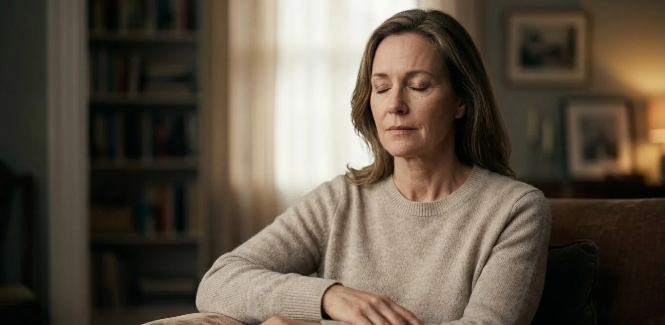 A person sitting still and noticing sensations in their body as part of breaking the trauma cycle