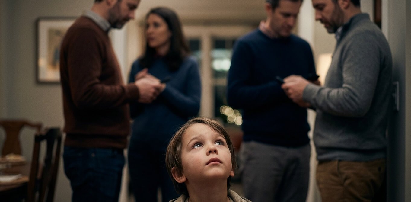 A child looking up at distracted adults, representing the childhood experience of not being seen that can cause imposter syndrome later in life