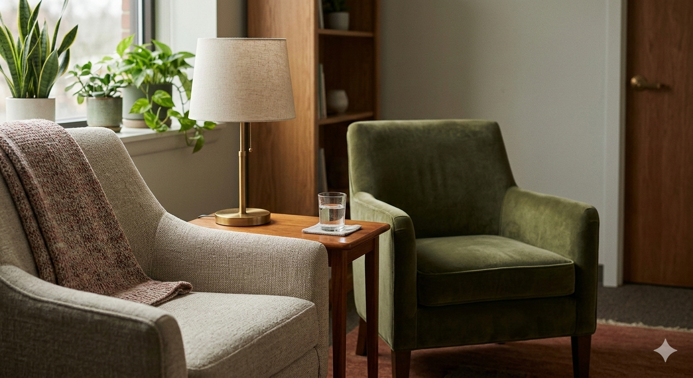 A calm therapy room with two chairs and warm natural light, suggesting a safe space for conversation