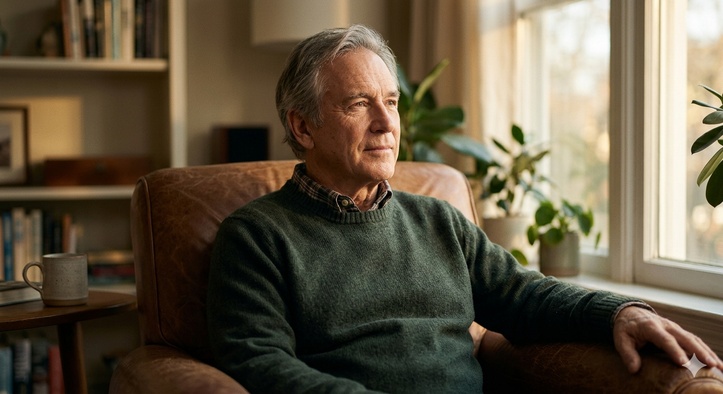 A man sitting by a window in soft morning light with a calm reflective expression, representing the awareness that comes from understanding the trauma response cycle