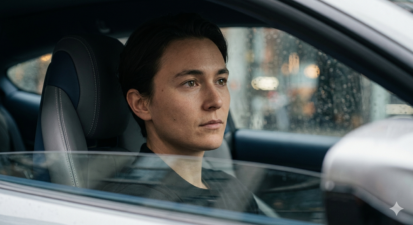 Person sitting alone in a car looking reflective, representing the experience of money anxiety even when financially secure