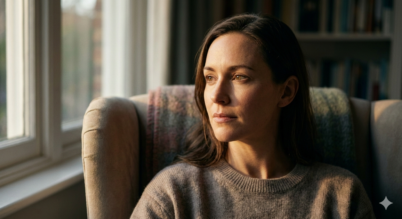 A woman sitting in an armchair looking thoughtfully out of a window, considering whether to seek support