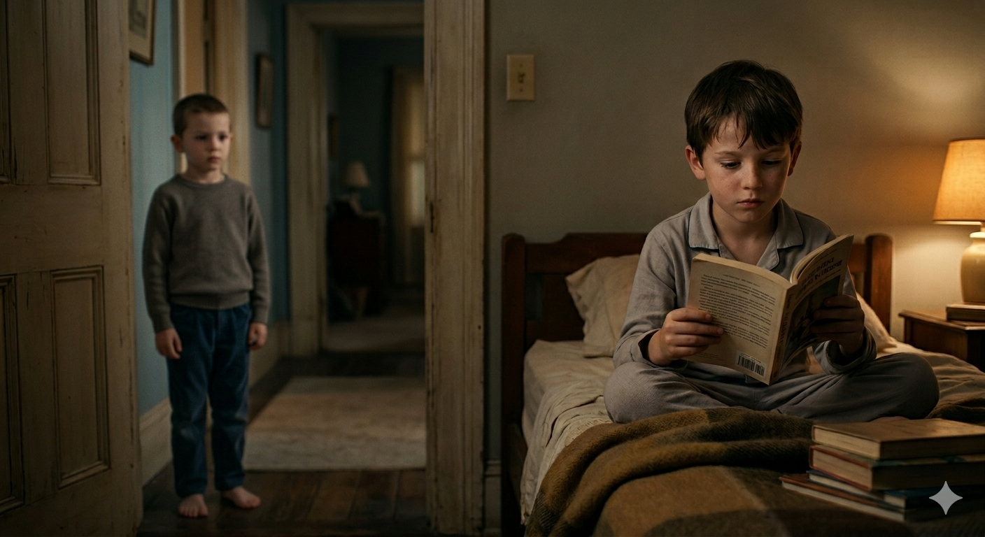 Two children in separate rooms of the same house suggesting different emotional experiences of childhood