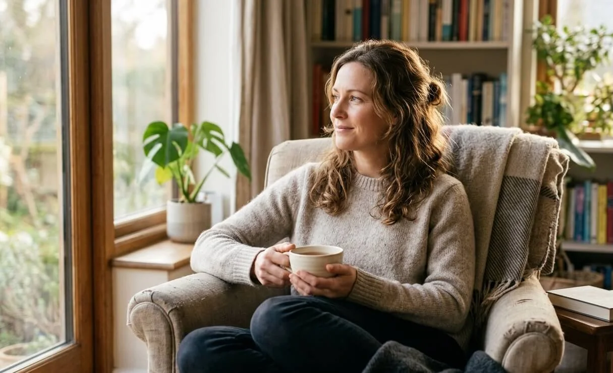 Person sitting quietly in morning light, reflecting on whether trauma ever goes away