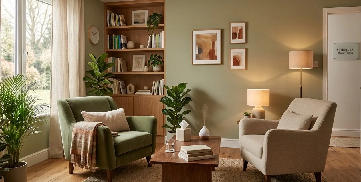 Warm therapy space with two chairs representing a safe place to explore low self esteem