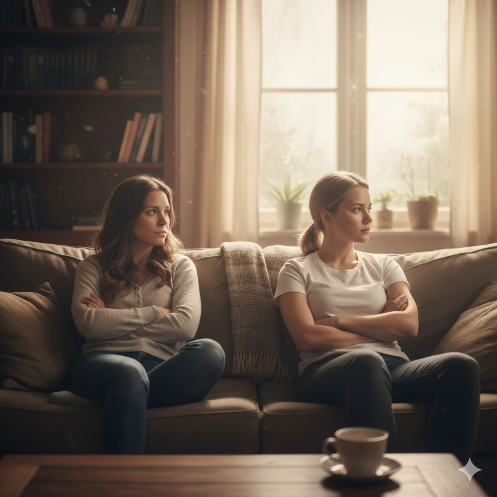 Two adult siblings sitting apart on a sofa in a warm living room with visible emotional distance between them