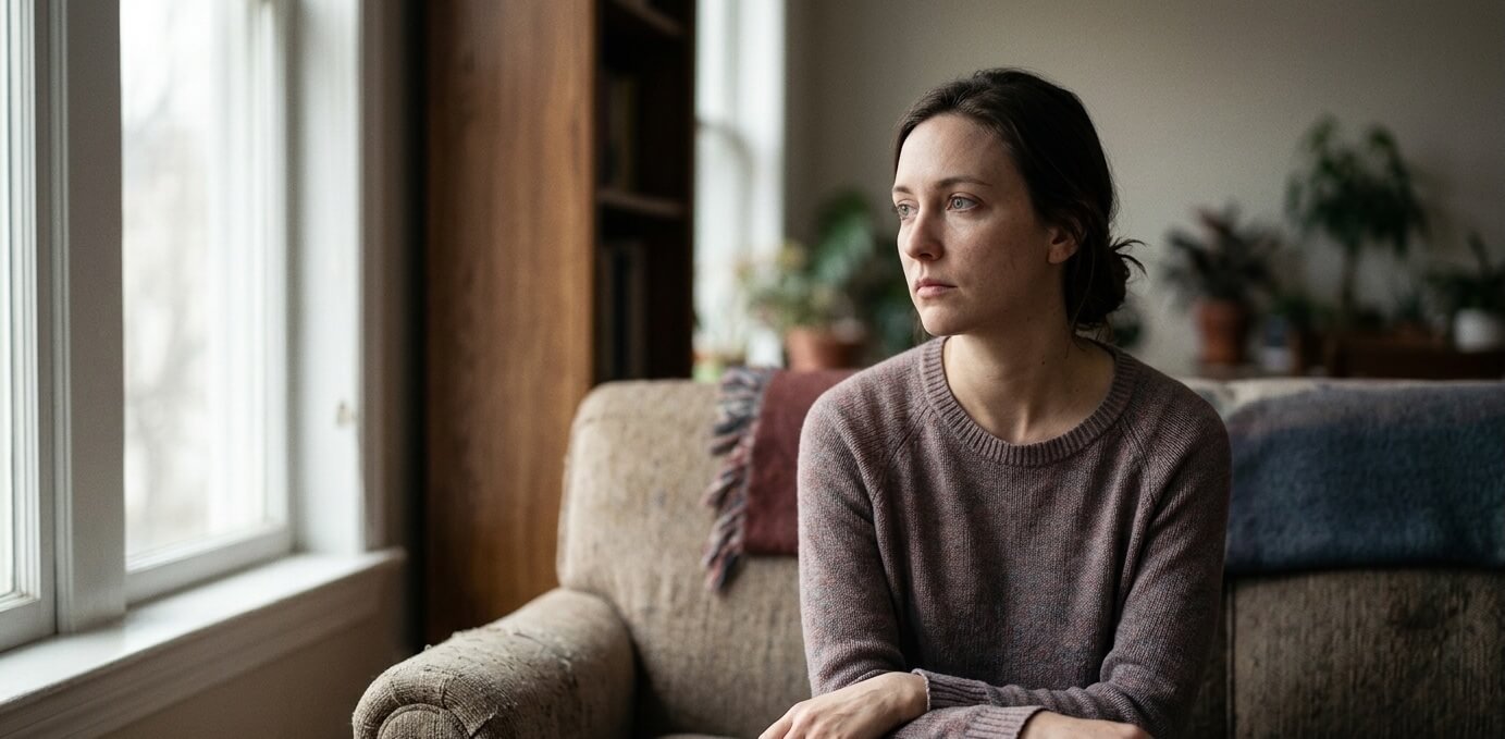 Person sitting quietly, appearing lost in thought, illustrating the subtle signs of unresolved trauma