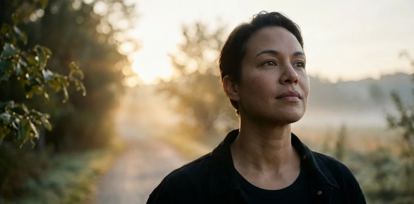 A person walking along a quiet path at dawn, representing the shift from shame to awareness